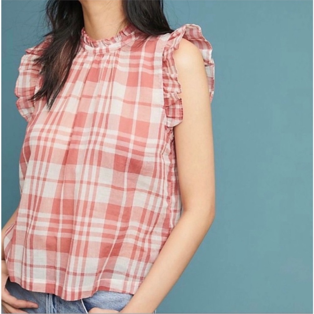 Anthropologie Isabella Sinclair Plaid Ruffle Neck Sleeveless Blouse Size XS